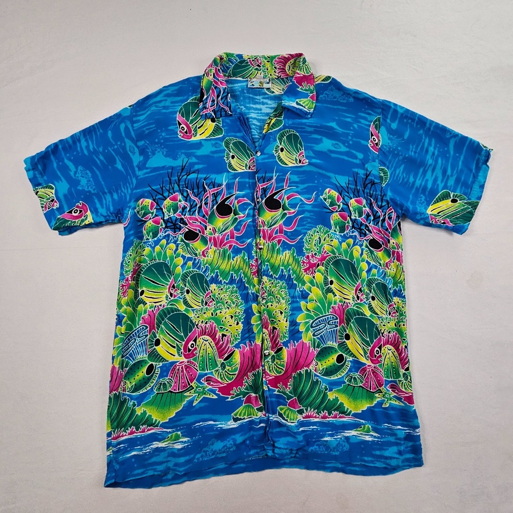 Vintage Just Cruising XL Hawaiian Shirt Tropical Fish Coral Reef Rayon Aloha